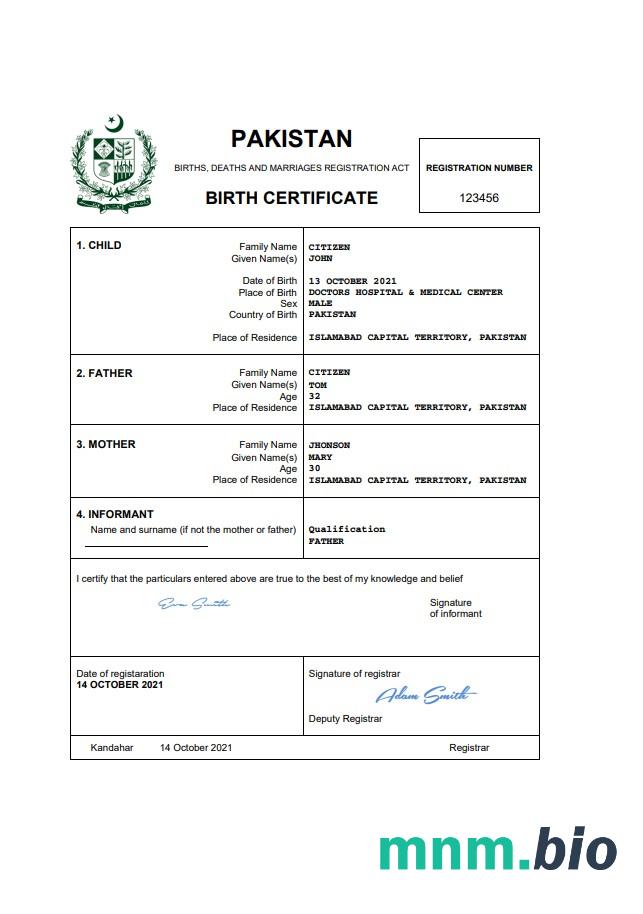 Pakistan rekord życiowy narodziny certyfikat Word i PDF szablon, completely editable